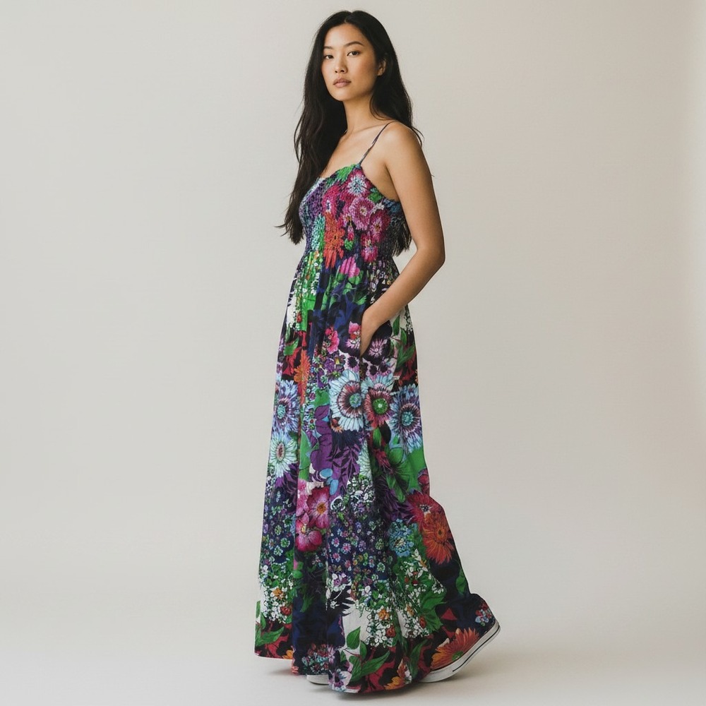 Speed Control New York Floral Smocked Maxi Dress Size M Cotton Boho Pockets
